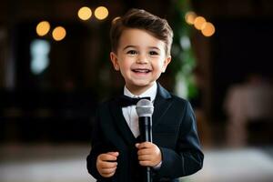 un valiente niño participación un micrófono aislado en un blanco antecedentes foto