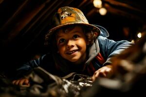 Excited child discovering hidden treasures in an unexpected attic exploration photo