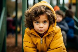 Shy child blushing and avoiding eye contact during a playground interaction photo