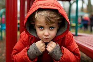 tímido niño rubor y evitando ojo contacto durante un patio de recreo Interacción foto