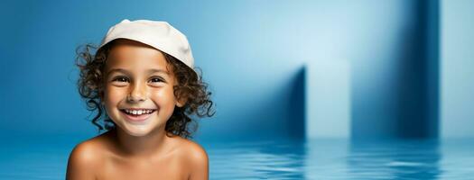 A child taking first swimming lesson isolated on a blue gradient background photo