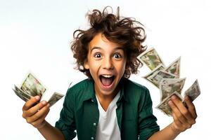 A child gasping with surprise at a magic trick isolated on a white background photo