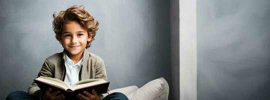 A thoughtful child reading a book with fervor isolated on a white background photo