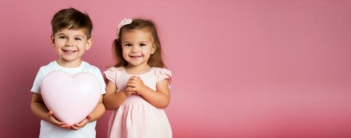 A child accepting a new baby sibling isolated on a heart shaped gradient background photo