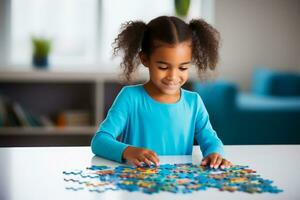 A child proudly showing a completed puzzle isolated on a bright gradient background photo