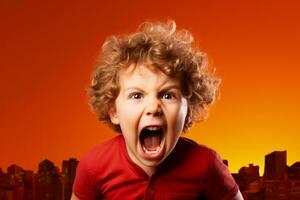 A child screaming in frustration isolated on a fiery red gradient background photo