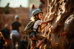 Determined child scaling a climbing wall showcasing strength and resilience photo