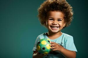 A child peacefully sharing a toy isolated on a green gradient background photo