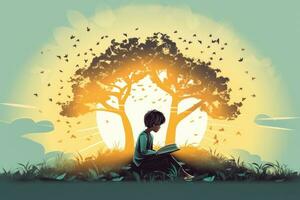 A reflective child reading a book under a tree isolated on a pastel gradient background photo