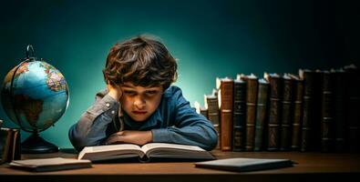 A child engrossed in studying a globe isolated on a blue gradient background photo