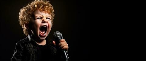 A child nervously gripping a microphone isolated on a spotlight gradient background photo