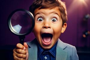 A curious child looking through a magnifying glass isolated on a purple gradient background photo