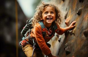 Determined child scaling a climbing wall showcasing strength and resilience photo