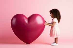 A child accepting a new baby sibling isolated on a heart shaped gradient background photo