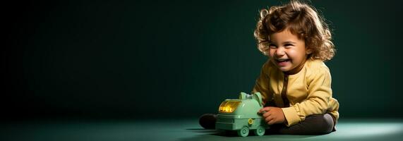 A child peacefully sharing a toy isolated on a green gradient background photo