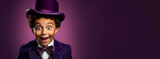 A childs wide eyed surprise at a magic trick isolated on a purple gradient background photo