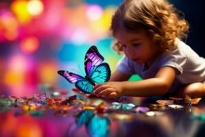 A child inspecting a colorful butterfly isolated on a rainbow gradient background photo