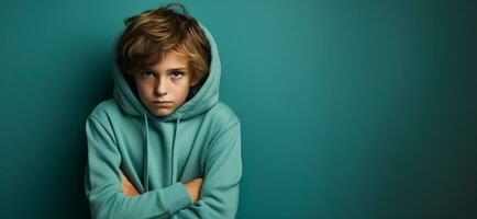 A shy child looking down isolated on a cool toned gradient background photo