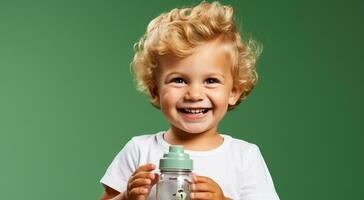 A child peacefully sharing a toy isolated on a green gradient background photo