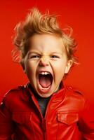 A child screaming in frustration isolated on a fiery red gradient background photo