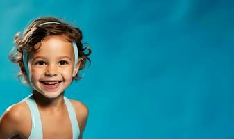 A child taking first swimming lesson isolated on a blue gradient background photo