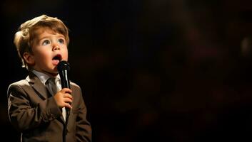 A child nervously gripping a microphone isolated on a spotlight gradient background photo