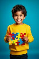 A child proudly showing a completed puzzle isolated on a bright gradient background photo