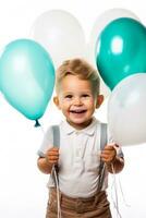 A joyful child playing with colorful balloons isolated on a white background photo