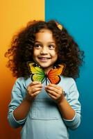 A child inspecting a colorful butterfly isolated on a rainbow gradient background photo