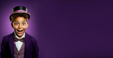 A childs wide eyed surprise at a magic trick isolated on a purple gradient background photo