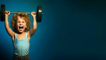 A child gritting teeth while lifting weights isolated on a gym gradient background photo