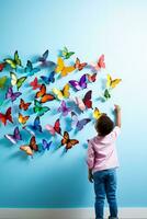 A child inspecting a colorful butterfly isolated on a rainbow gradient background photo