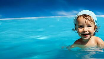 A child taking first swimming lesson isolated on a blue gradient background photo