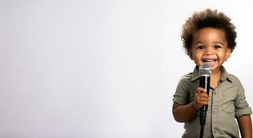 A brave child holding a microphone isolated on a white background photo