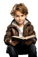 A thoughtful child reading a book with fervor isolated on a white background photo