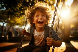 Joyful child swinging carelessly in sunlit park with radiant smile photo