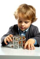 un perplejo niño recuento un geometría cubo aislado en un blanco antecedentes foto