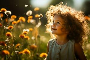 curioso niño maravillándose a floreciente flores silvestres en un Dom empapado prado foto