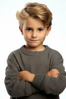 A shy child avoiding eye contact during a handshake isolated on a white background photo