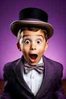 A childs wide eyed surprise at a magic trick isolated on a purple gradient background photo