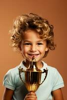 A victorious child holding a first place trophy isolated on a gold gradient background photo