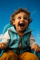 A child laughing on a swing ride isolated on a summer gradient background photo