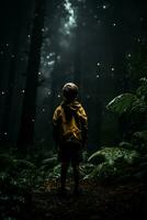 A child gazing bravely at a dark forest isolated on a moody gradient background photo
