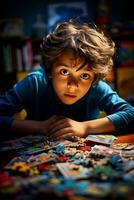 niños cara fluctúa Entre Confusión y iluminación mientras estudiando educativo rompecabezas foto
