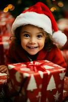 Childs eyes brighten as they unwrap a long awaited present joyously photo
