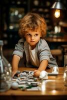 Young child examining household object with wide eyed fascination indoors photo