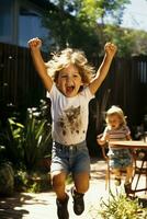 Child begrudgingly accepting siblings victory in backyard race clapping half heartedly photo