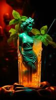 Antique statue in neon light with Mai Tai cocktail modern concept background with a copy space photo