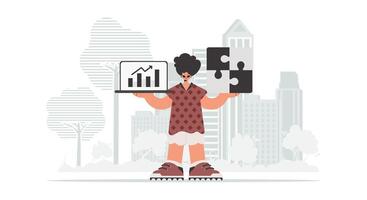 A woman holding a laptop and a piece of puzzle vector