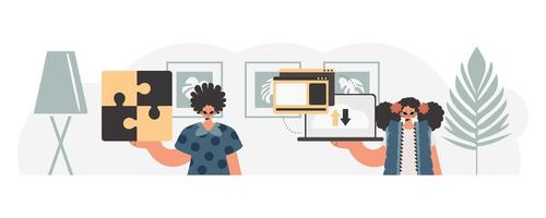 Two people holding up a laptop and a puzzle piece vector